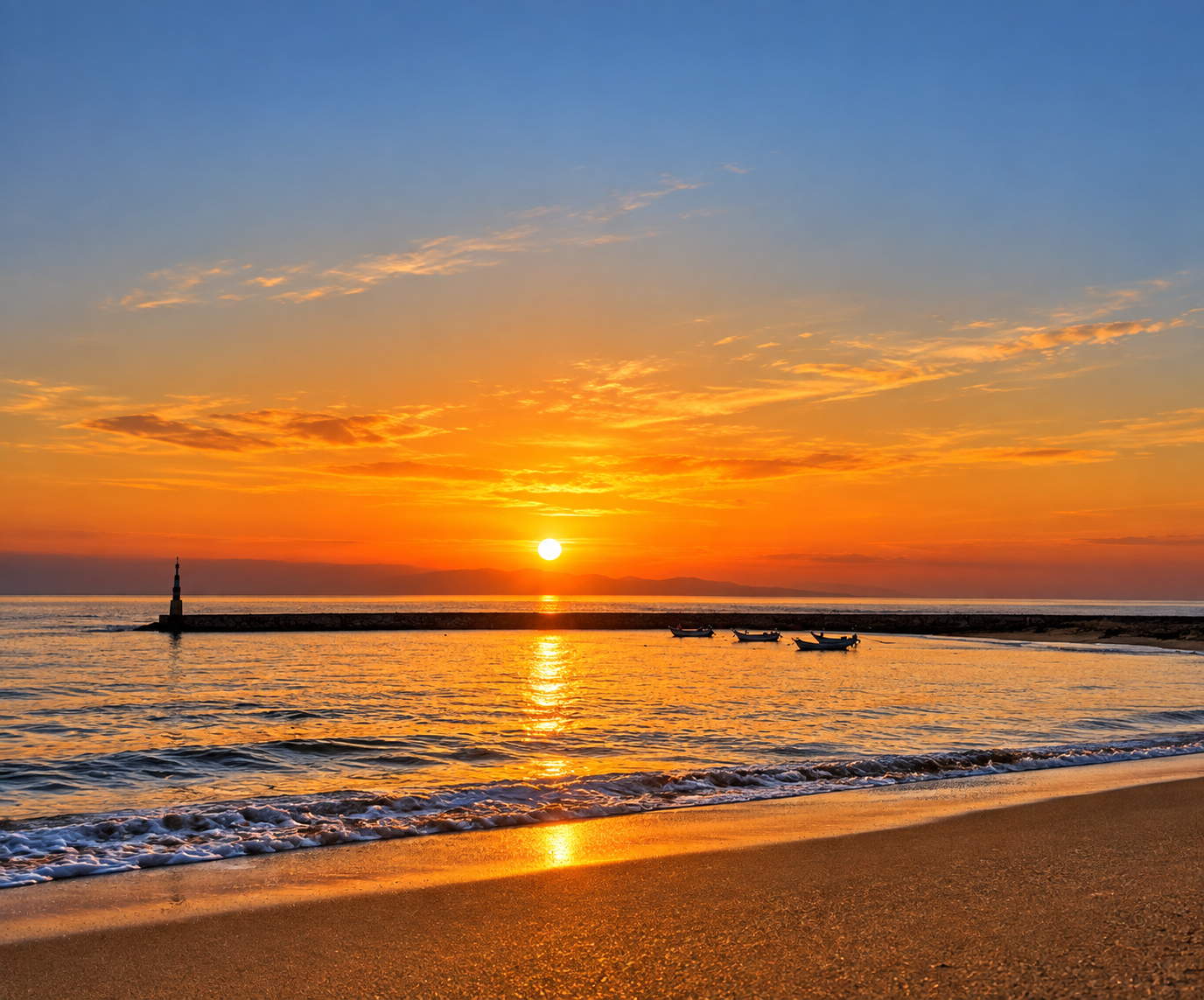 Pôr do sol na praia da Aguda com o farolim do molhe e barcos ancorados